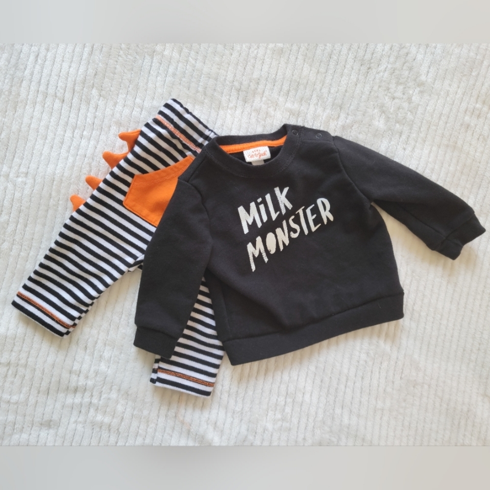 NWOT Baby Cat & Jack Milk Monster Black Top Striped Bottom Set 3-6 Months